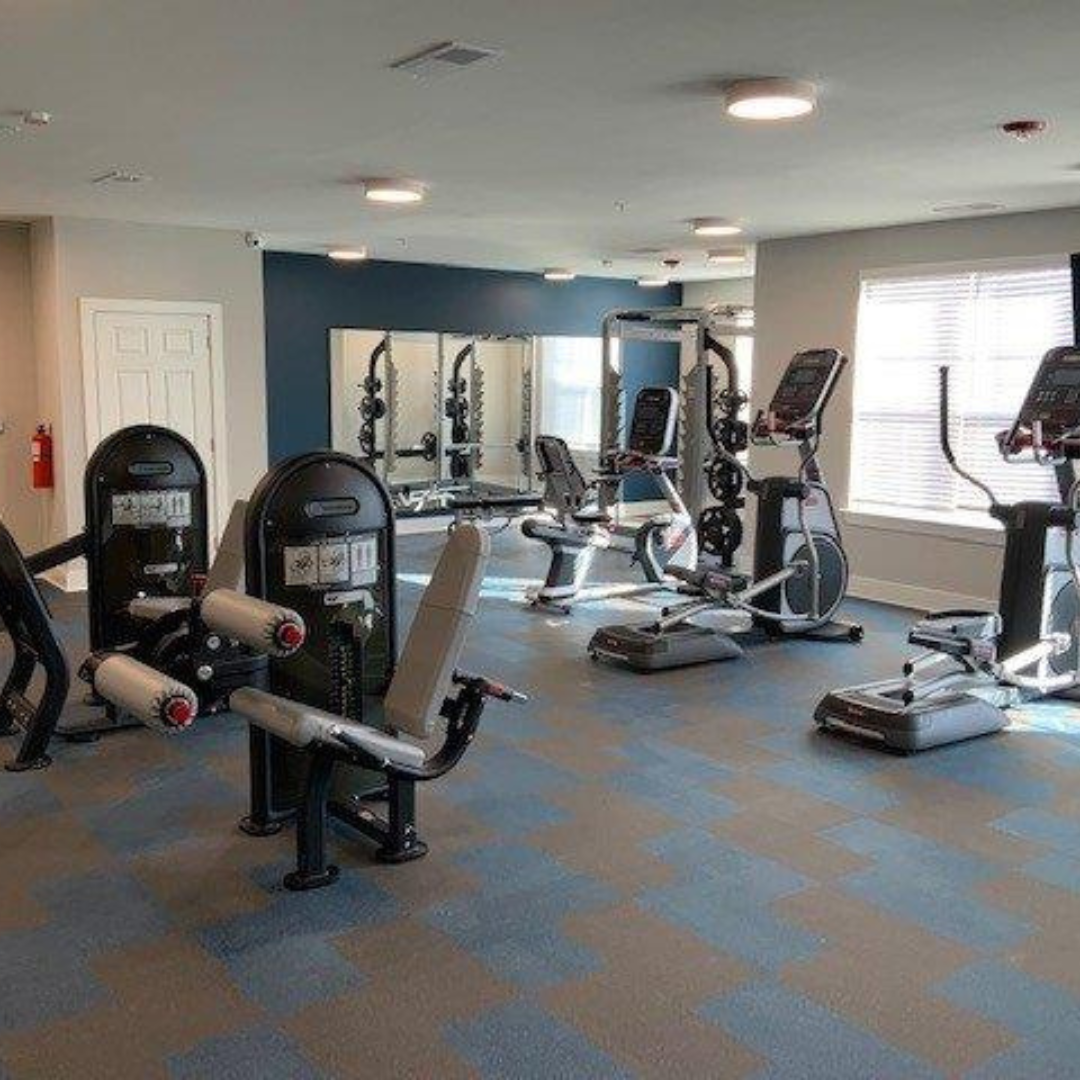 A professional-grade fitness center with a variety of exercise equipment including weight machines, ellipticals, and treadmills.
