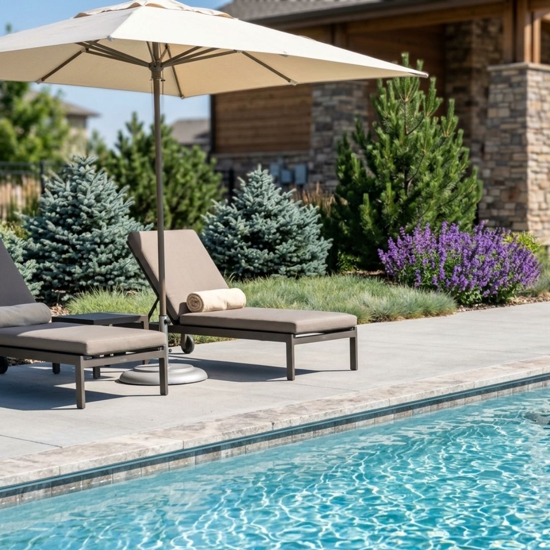Lounge chairs beside the sparkling swimming pool at our community