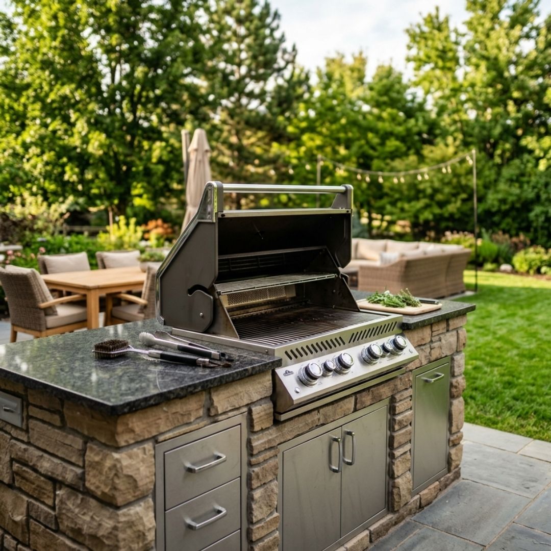 Outdoor community grilling area and patio seating for residents